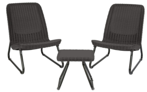 Keter Rio 3 Piece Resin Wicker Patio Furniture Set with Side Table and Outdoor Chairs, Dark Grey 