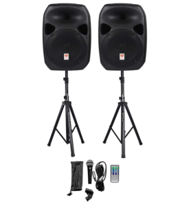 Two 12-inch DJ/PA speakers 1000Watts Peak/250 Watts RMS/ 500Watts Program power High power 12-inch woofer with 2-inch aluminium voice coil 25mm Piezo compression Horn Tweeter In-built Bluetooth USB input and SD digital MP3 music player Wired Microphone for live performances or speeches In-built FM Radio LCD screen displays Wireless remote control Compact and lightweight system deliver distortion free sound Premium components and exceptionally rugged high impact ABS cabinet Built-in equalizer 2 rugged tripod stand