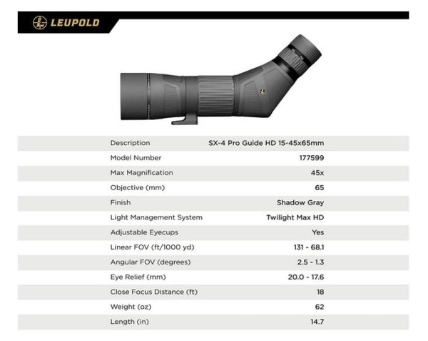Leupold SX-4 Pro Guide HD 15-45x65mm Spotting Scope