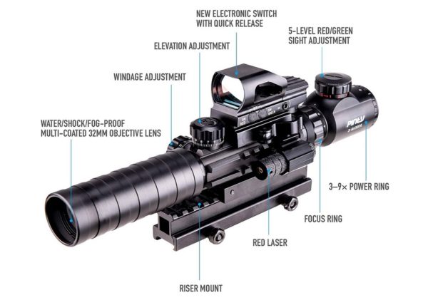 Pinty Rifle Scope 3-9x 32 Rangefinder Illuminated Reflex Sight 4 Reticle